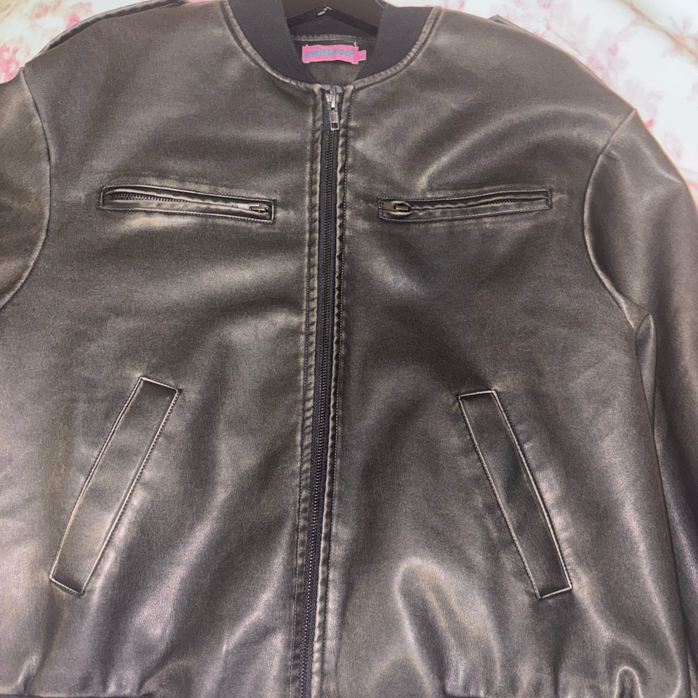Edikted Vava Washed Faux Leather Bomber Jacket
